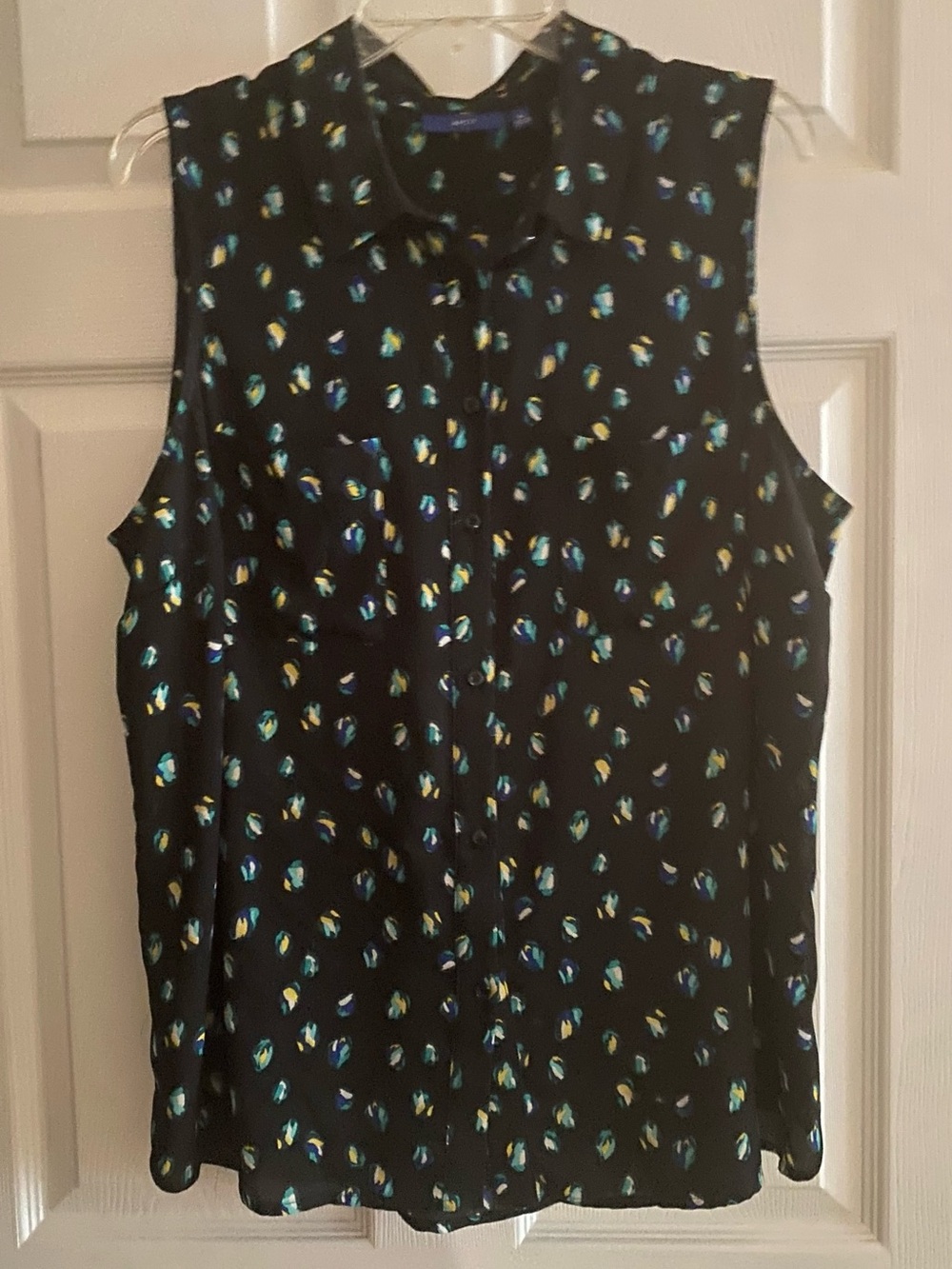 Sleeveless Black Printed Blouse with Blue & Teal Accents